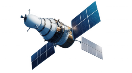 A detailed view of a satellite with solar panels  in outer space exploration on transparent background