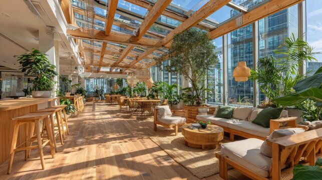 Airy, wooden-floored atrium interior with many plants and a view of tall office buildings