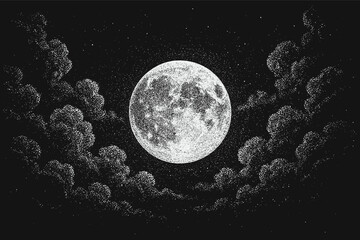 Dotwork vector illustration of the full moon surrounded by clouds, detailed stippling style