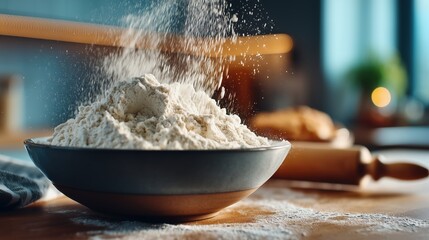 Close-up of a kitchen scene with flour spilling into a bowl
