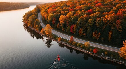 Scenic Autumn Road Beside Calm Water and Colorful Forest