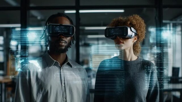 Two people wearing VR headsets stand in a high-tech room, looking at holographic screens and floating data projections.