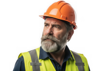 Experienced bearded construction worker wearing hard hat and reflective vest looking sideways isolated on transparent background