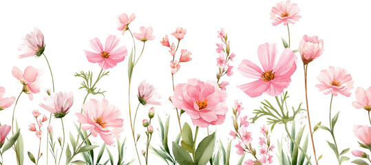 Delicate watercolor seamless border with pink cosmos and wildflowers.