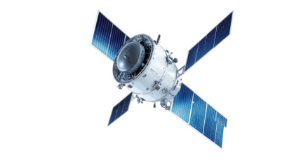 Isolated satellite with solar panels  in space for scientific exploration on transparent background