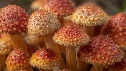 Group of Fungi with Textured Caps A Study in Scarlet, Orange, and Cream Tones.