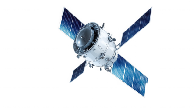 Isolated satellite with solar panels  in space for scientific exploration on transparent background