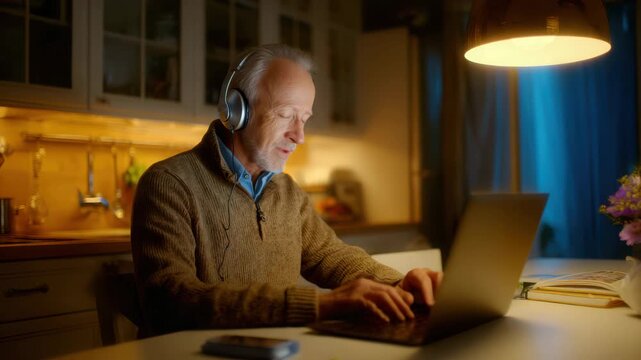 Older content creator working on video editing at home. Real, relatable scene for social media trends.