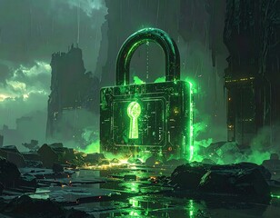 A colossal glowing green padlock dominates a bleak, futuristic landscape. Ruins surround it, hinting at a destroyed society under a stormy sky