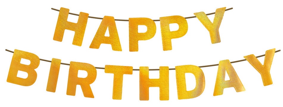Shiny golden Happy Birthday banner isolated on transparent background