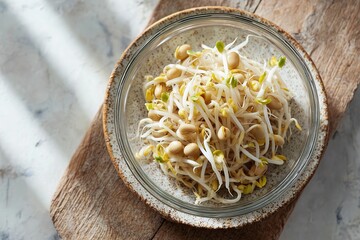 Fresh soybean sprouts in glass bowl on marble counter with bright natural lighting