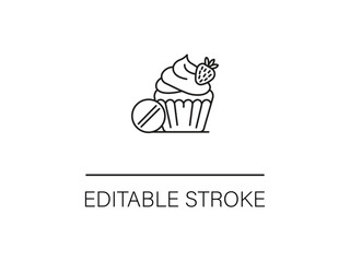 Unique cupcake icon with strawberry and pill for a healthy dessert concept in a minimal style, editable stroke line art design.