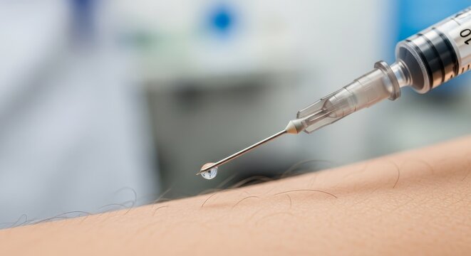 Close up of a medical syringe injecting fluid into skin