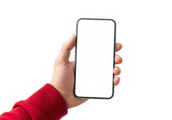 Hand holding modern smartphone with blank screen for content customization and app development isolated on transparent background