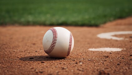 Spherical Object with Red Stitches, Amidst Brown Texture and Green Blur.
