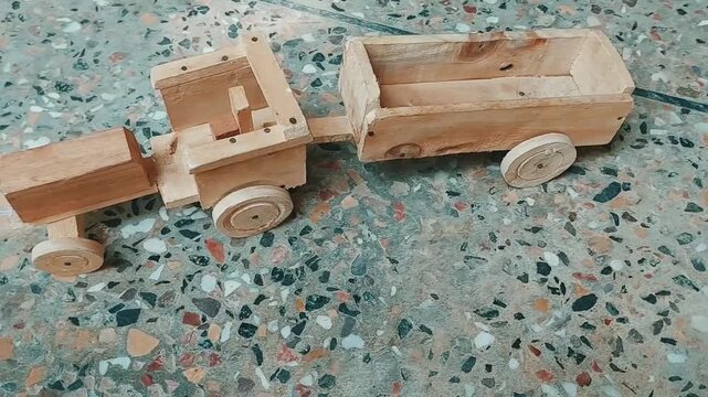 Handcrafted Wooden Toy Tractor And Trailer Folk Art Display
