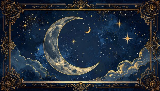 A digital painting showcases a crescent moon with stars, amidst clouds and a golden ornate frame on a dark blue background. The painting evokes a dreamy night
