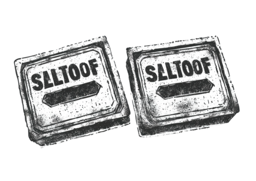 Two "SALTOOF" stamped, worn buttons or badges, textured grayscale image