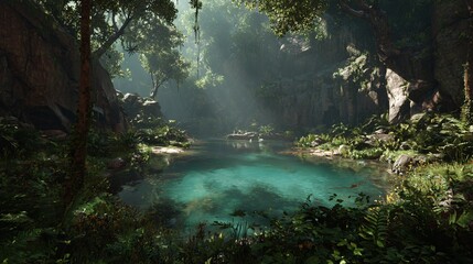 Discover paradise in this serene jungle lagoon, perfect for travel inspiration, environmental awareness campaigns, and promoting tranquil nature retreats