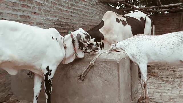 Village Livestock Feeding Scene With Cow Calf And Goat