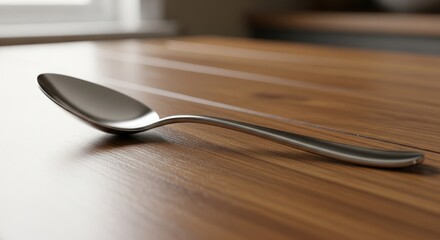 Elegant Silver Spoon on Wooden Table: Minimalist Still Life, Soft Lighting