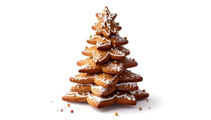 A festive, gingerbread-shaped tree constructed from stacked cookies, decorated with white frosting and colorful sprinkles
