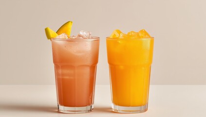 Two Drinks with Ice and Mango Orange and Pink Liquids in Simple Glassware.