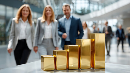 Golden bar chart with business people walking in background showing success and growth concept