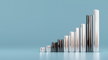Minimalist composition of abstract geometric bars forming a rising chart on a soft blue background, showcasing modern design and sleek metallic textures with copy space