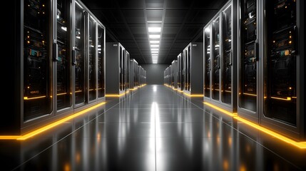 Futuristic data server room featuring glowing lines and sleek black cabinets, showcasing advanced technology in a modern digital environment with copy space
