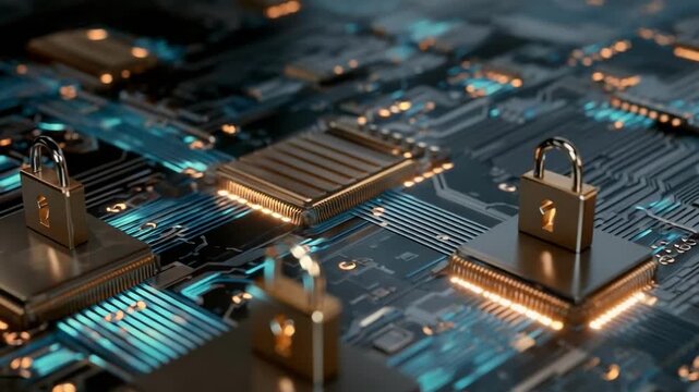 Close-up of a blue circuit board with gold pads and several padlock-shaped security devices mounted on chips.
