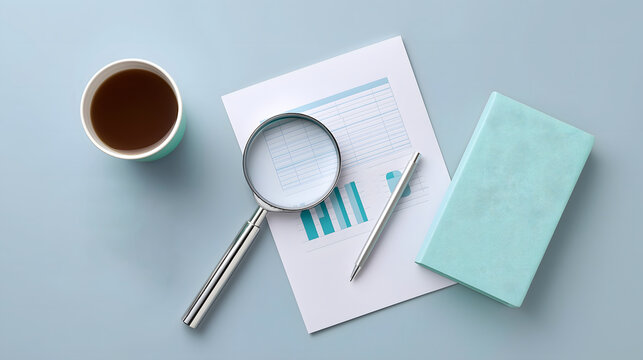 Flat lay of a magnifying glass over a financial report paper, surrounded by a coffee cup and a notebook, creating a professional workspace atmosphere for analysis - Powered by Adobe