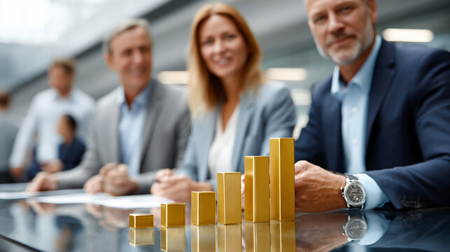 Successful business team with golden bar chart showing growth and achievement in modern office environment - Powered by Adobe