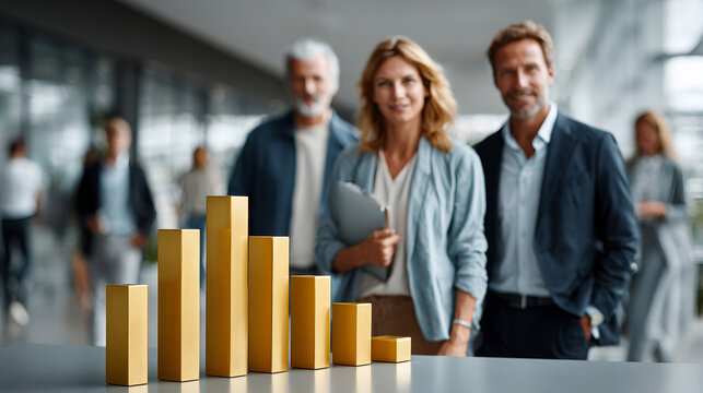 Successful business team standing behind golden bar chart, confident diverse people in office