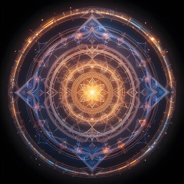complex magic circle glowing with blue and orange light on dark background