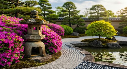 Serene Japanese Garden With Pink Flowers Stone Lantern And Pond