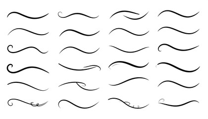 A collection of black, curved lines arranged in rows. Each line displays a unique decorative flourish or swirl