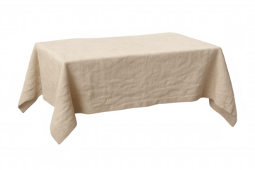 Linen tablecloth on invisible table, beige natural textile fabric for dining and decor, transparent background
