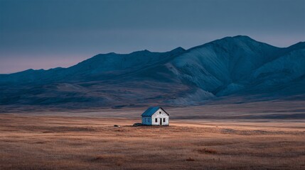 Discover the allure of a rustic cabin nestled in a golden field under majestic blue mountains, perfect for travel inspiration and scenic backgrounds