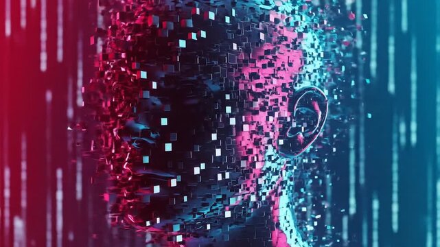 Neon Digital Face Disintegrating Into Pixels.