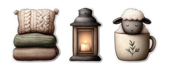 Cozy Winter Decor with Knitted Blanket, Lantern Candle, and Adorable Sheep Mug