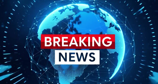 Breaking news graphic with a glowing blue earth and network connections, symbolizing global communication and information dissemination animated 4k video