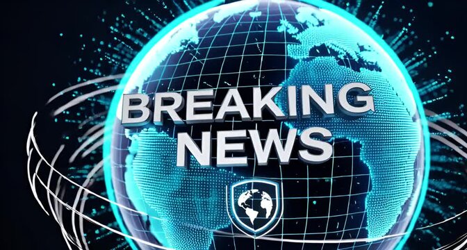 Futuristic breaking news visual with a glowing digital earth, shield emblem, and dynamic light trails, emphasizing global alerts and important announcements animated 4k video