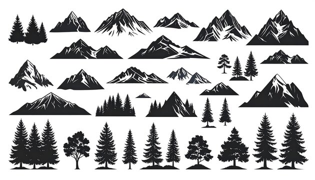 A collection of vector illustrations featuring mountains and trees rendered in black silhouette style - Powered by Adobe