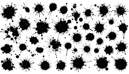 A collection of black ink splatters and blots in various shapes and sizes, randomly dispersed on a white background