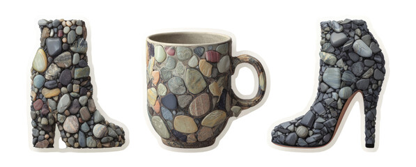 Stone Textured Boot, Mug, and High Heel Isolated on Transparent Background
