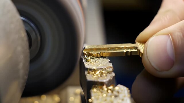 Closeup of Gold Key Cutting on a Grinding Machine