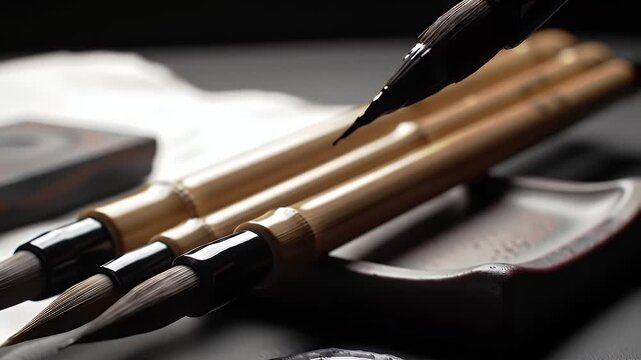 Closeup of Calligraphy Brushes and Ink