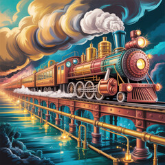 Vintage steam train crossing a bridge over water at dusk with dramatic clouds vintage train locomotive