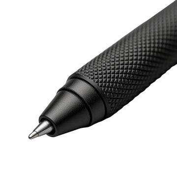 Close-up of a matte black pen with diamond-knurled grip and silver tip